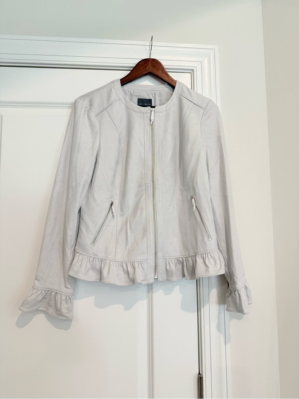 The Limited Light Gray Ruffle-Hem Leather Jacket
